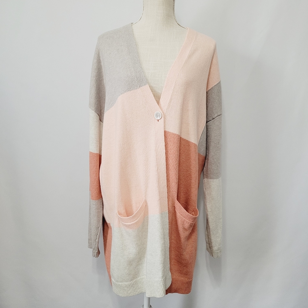 J. Jill Lightweight Knit Colorblock Long Line One Button Duster Cardigan Size L
